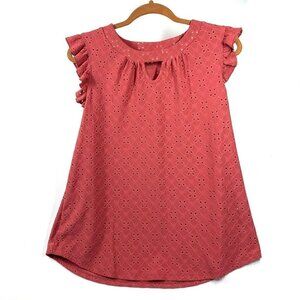 M & Co UK Short Flutter Sleeve Top In Crimson Eyelet Fabric Size Large